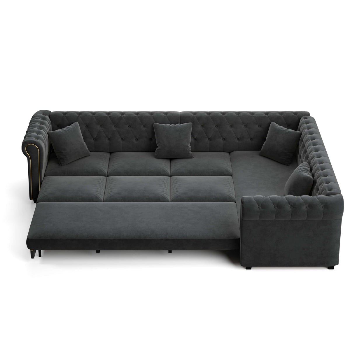 115.3'' Sleeper Sofa Bed King, Velvet Chesterfield Pull Out Couches, Gray