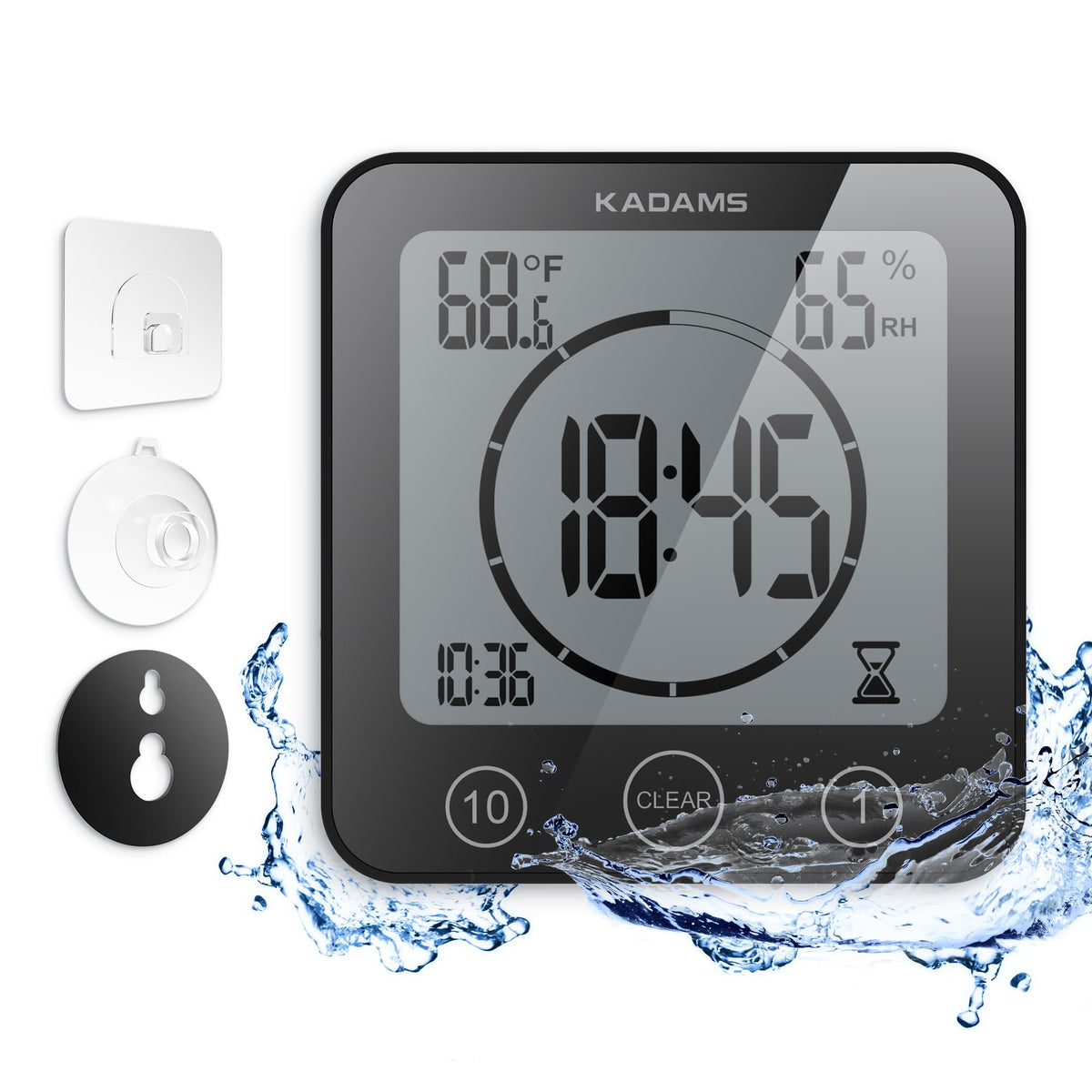 KADAMS Shower Clock Waterproof Bathroom Timer – Digital Wall Clock with Countdown, Magnetic Kitchen Clock with Temperature & Humidity, Suction Cup for Kids Shower Spa Cook Bath (Black)
