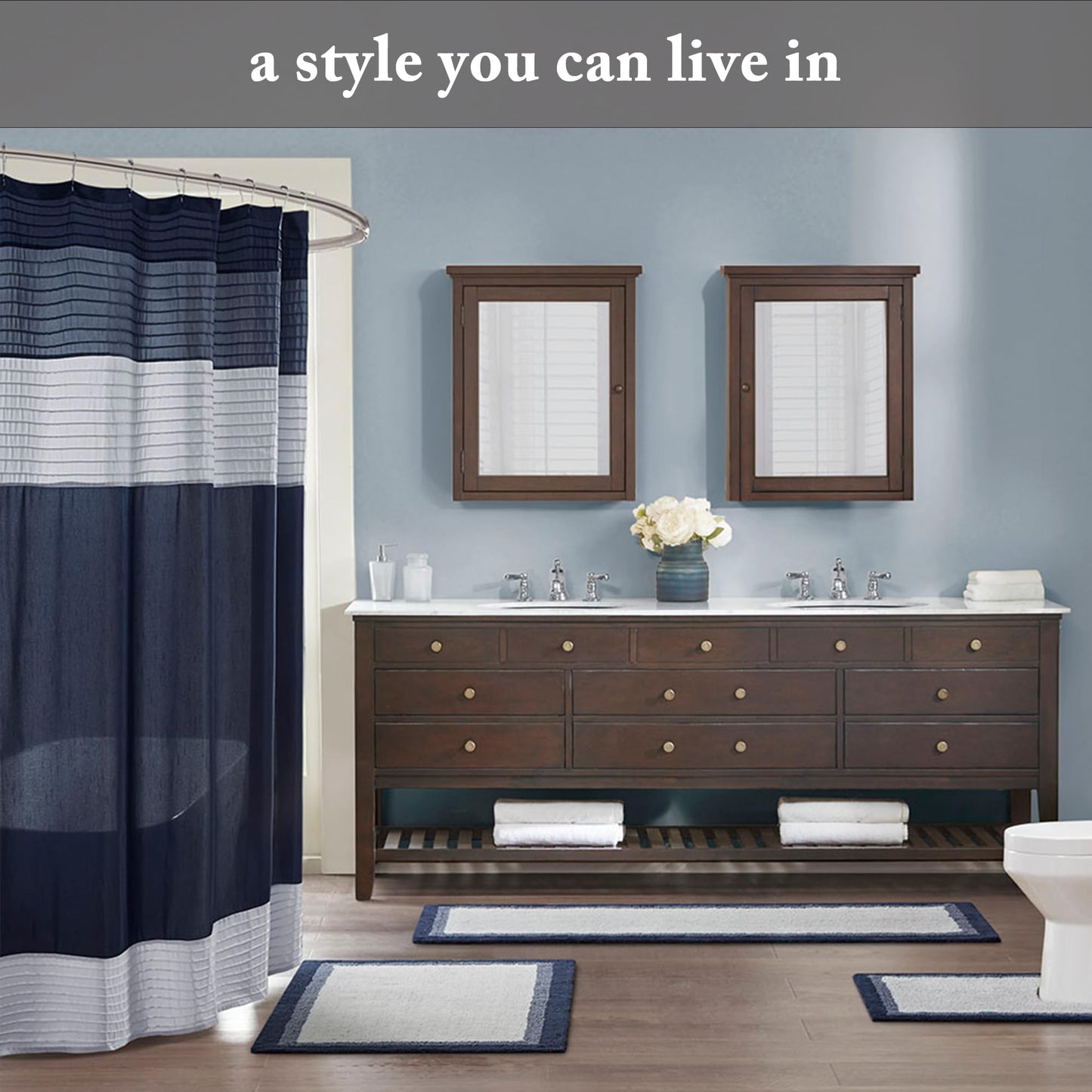 Madison Park Amherst Bathroom Shower Curtain Faux Silk Pieced Striped Modern Microfiber Bath Curtains, 72x72 Inches, Black