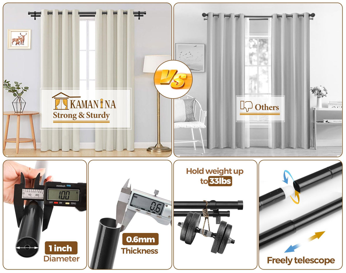 KAMANINA 1 Inch Double Curtain Rod 66-120 Inch, Heavy Duty Dual Rods, Black