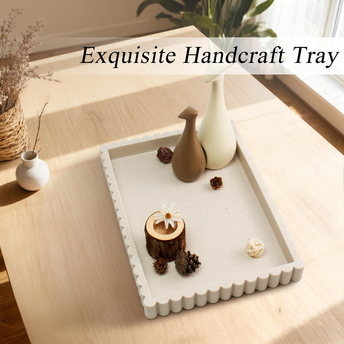 YMXYJM Decorative Tray for Coffee Table, Modern Tray Decor, 14" Beige Resin
