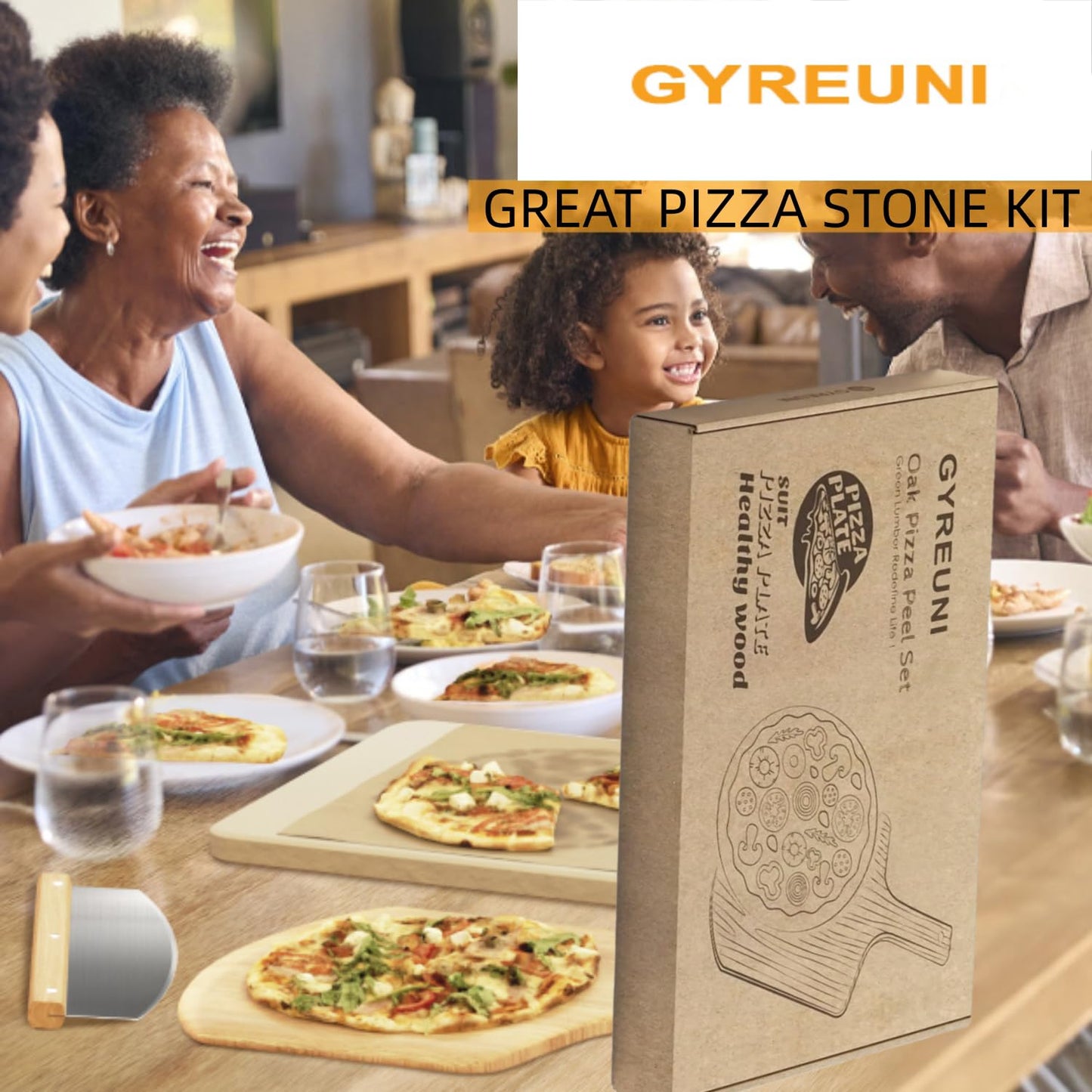 4 PCS Rectangle Pizza Stone Set, 15" Large Pizza Stone for Oven and Grill with Pizza Peel(OAK), Pizza Cutter & 10pcs Cooking Paper for Free, Baking Stone for Pizza, Bread,BBQ
