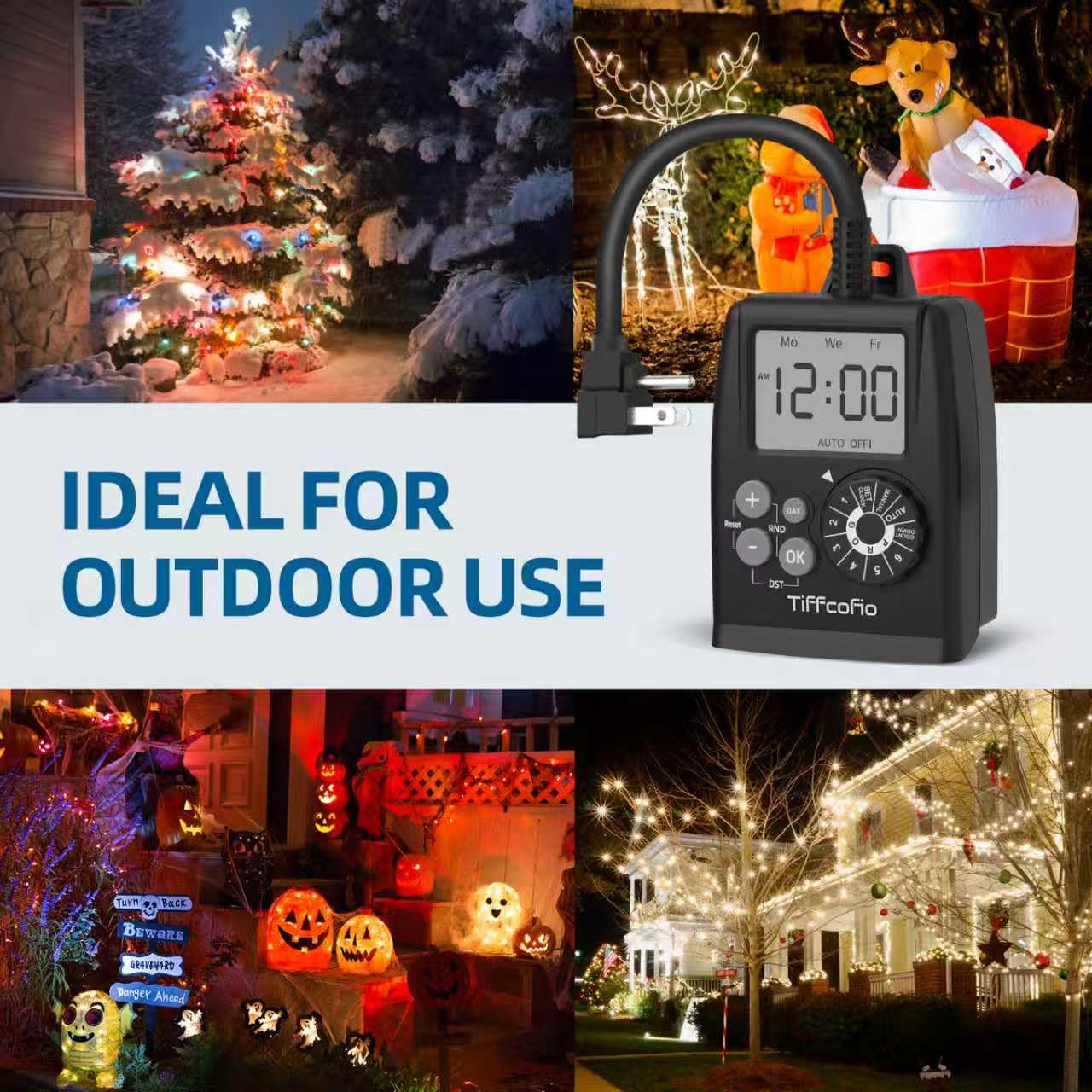 TiFFCOFiO Digital Outdoor Timer Outlet, Dial Programmable Method, Outdoor Light Timer Waterproof, 2 Grounded Electrical Outlets for Pool Pump, 6 Sets of Programs, 15A/1875W (1 Pack)