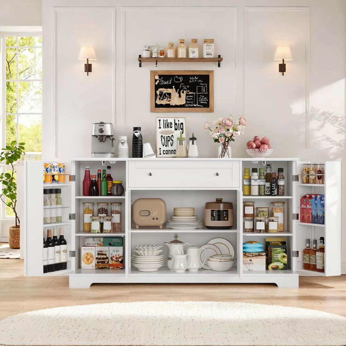 HITHOS 54" W Kitchen Buffet Cabinet with Storage, Coffee Bar Cabinet, White