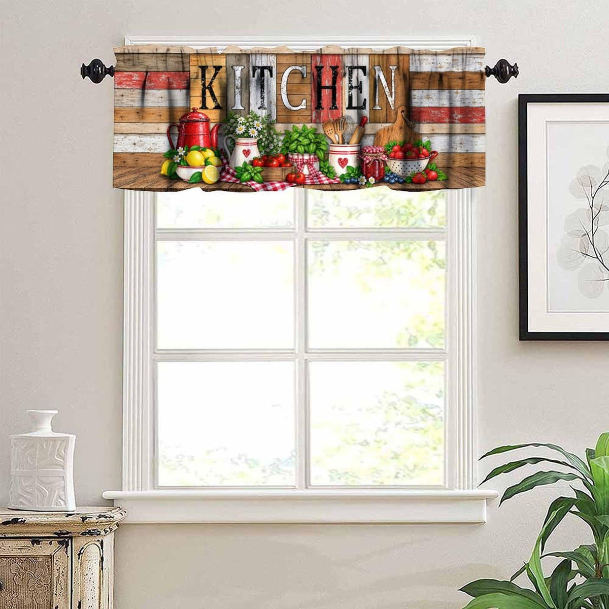 Veridic Farmhouse Kitchen Valance for Kitchen Windows Rustic Wood Pattern Blackout Rod Pocket Short Curtain Window Treatments for Living Room Dining Room 54x18 Inch 1 Panel