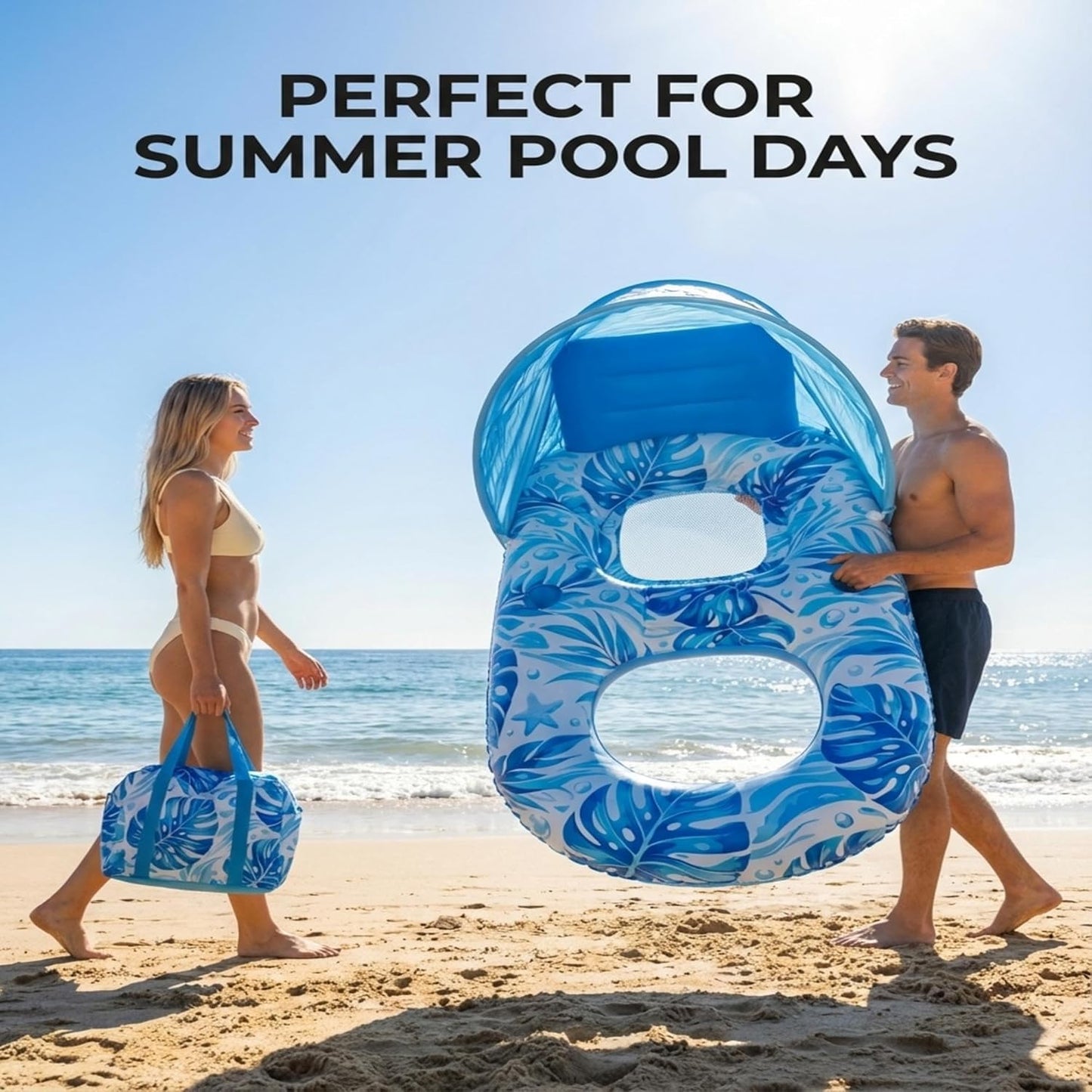 Pool Floats Adult with Canopy, Inflatable Lounger Float with Adjustable Sun Shield & Cup Holders, Water Chair for Swimming Pool Party