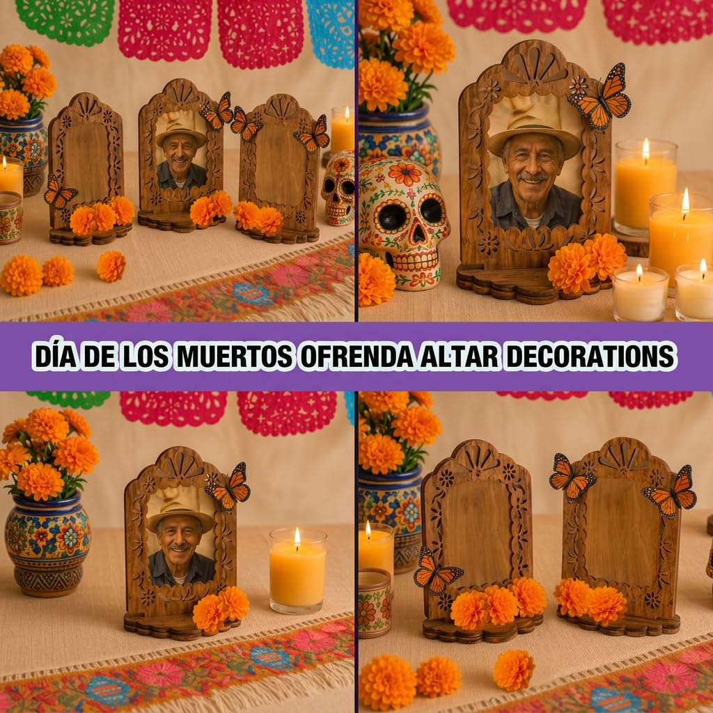 GAGEC 10Pcs Dia De Los Muertos Picture Frame Ofrenda Frame Day of The Dead Photo Frame Wooden Shadow Box 30 Artificial Marigold Flower 20 Butterfly for Day of The Dead Decoration
