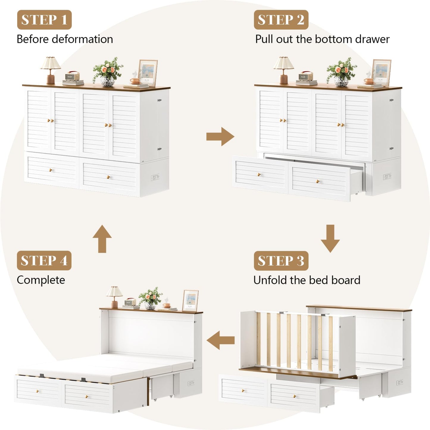 Yoobure Queen Murphy Bed with Charging Station - Modern Queen Bed Frame with Storage, Foldable Platform Cabinet Beds with Drawer, Wood Hideway Bedframe for Guest & Living Room, Bedroom, Office, White