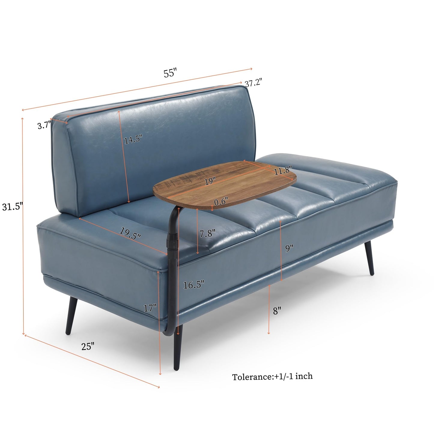 Modern Upholstered End of Bed Bench with 360-Degree Swivel Tray, 2 Seater Sofa Couch with Side Table, Settee Bench with Metal Legs Backrest for Living Room,Entryway,Foyer (PU-With Tray, Grayish Blue)