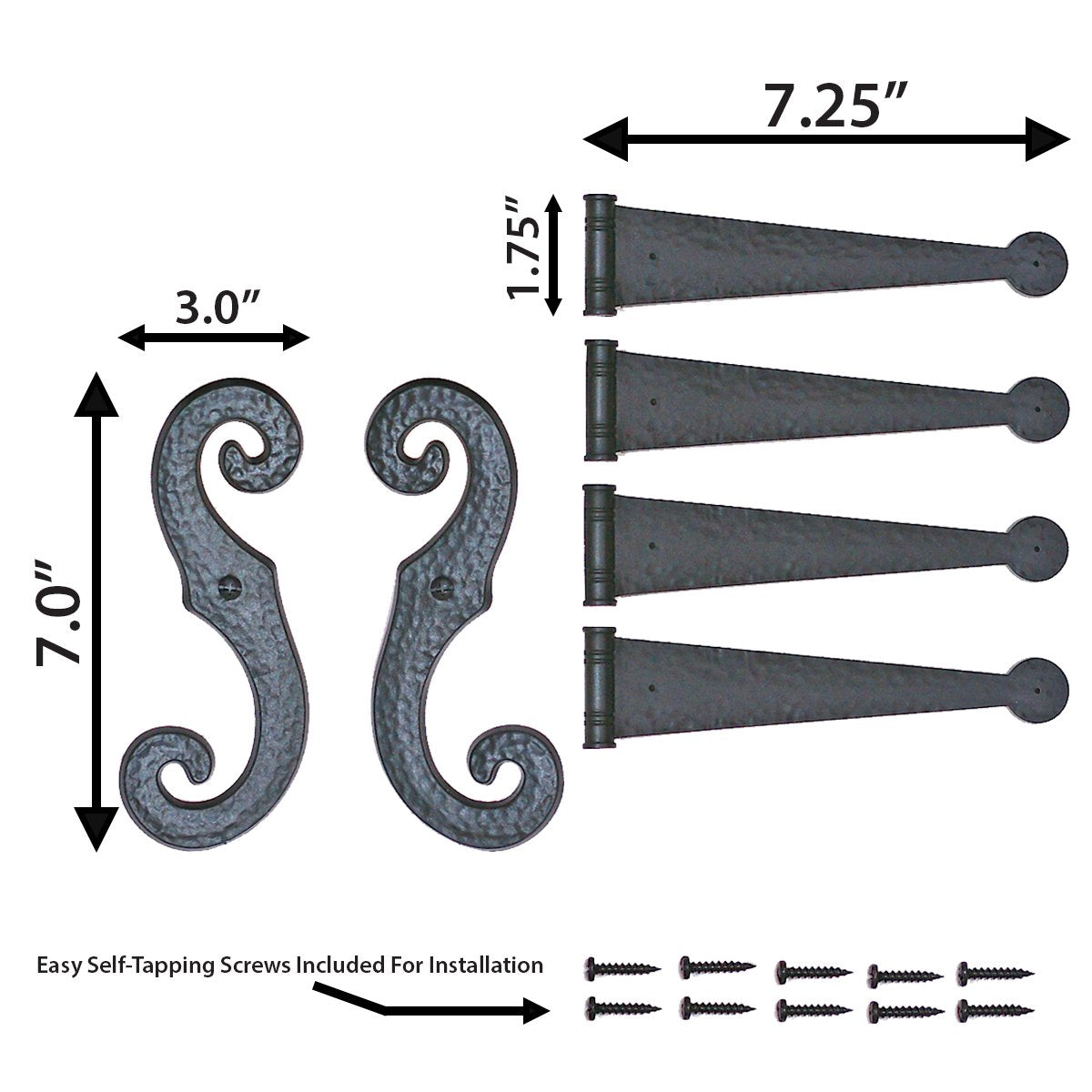 Decorative Hinges & S-Holdback Hooks for Exterior Shutters, Black Set