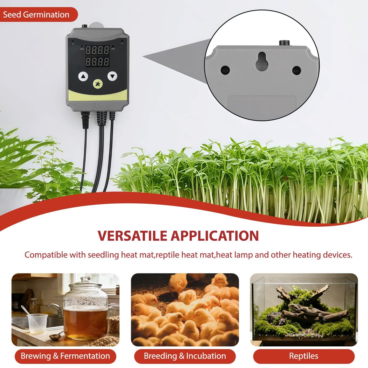 Refrigeration and Constant Temperature Control,Reptile Thermostat Temperature Controller,Digital Heat Mat for Seed Starting,Plant Germination,Incubator,Brooder, Brewing,Cooling Devices,-4-176°F,1000W