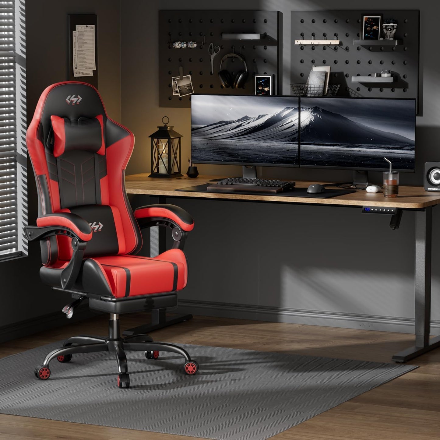 HLDIRECT High Back Gaming Chair, USB Massage Lumbar Support, Black&Red