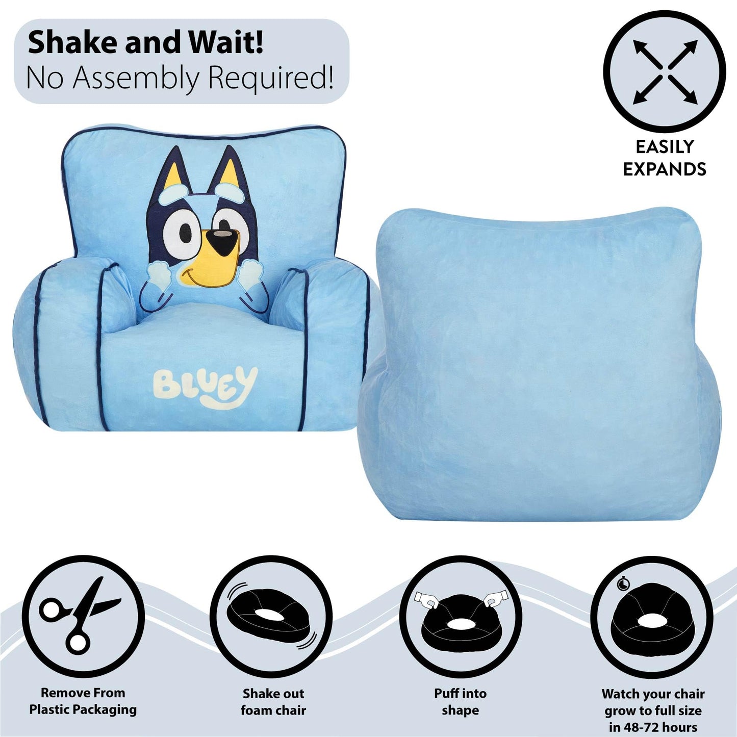 Idea Nuova Bluey Kids Foam Filled Bean Bag Chair, Soft Plush Character Lounge Seat for Bedroom or Playroom