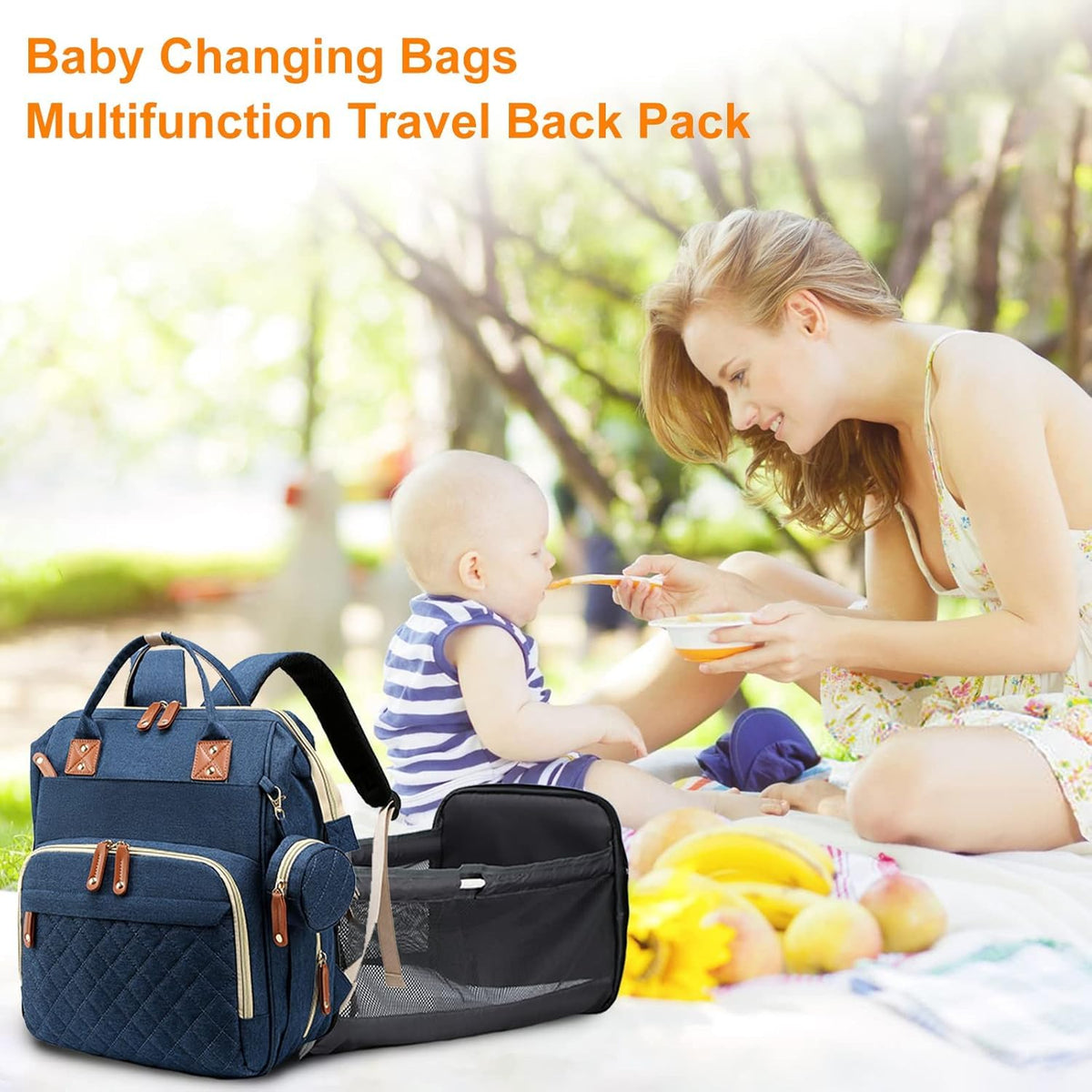 Lamroro Diaper Bag with Changing Station, Waterproof 3 in 1 Diaper Backpack with Foldable Changing Pad, USB Charging Port, Large Travel Backpack for Mom & Dad, Baby essentials-Blue