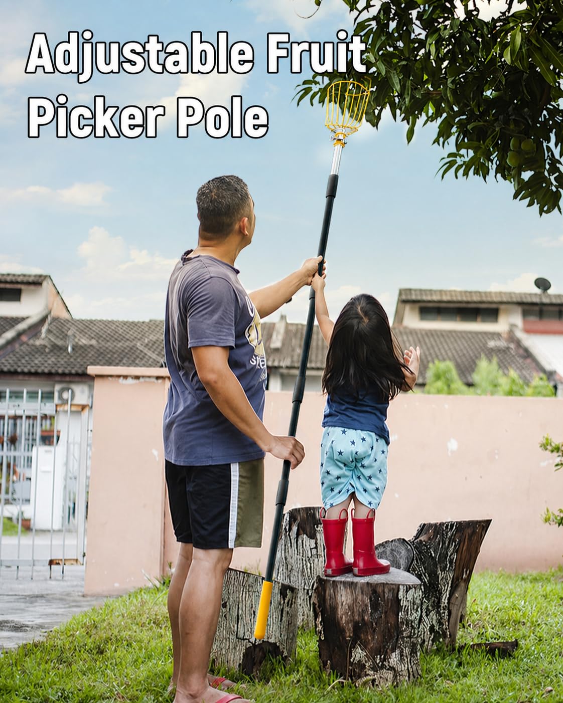 BlumeTrec 9FT Fruit Picker with Basket, Apple Picking Tool 35β105 Inch Adjustable Pole, Long-Handle Mango Grabber, Tree Fruit Catcher for Harvesting Lemon Pear Orange Avocado Peach Citrus Grapefruit