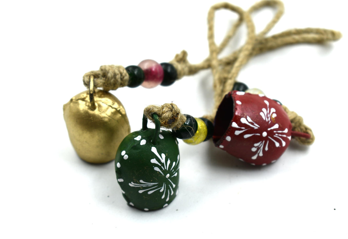 TA DIZAYN Handmade Decorative Bells, Gold Finish, Jute Rope, Rustic Style, Wall Hanging Decor, Door Knob, Wiccan Gifts for Home Wall Door (Beaded String Decorative Bells)