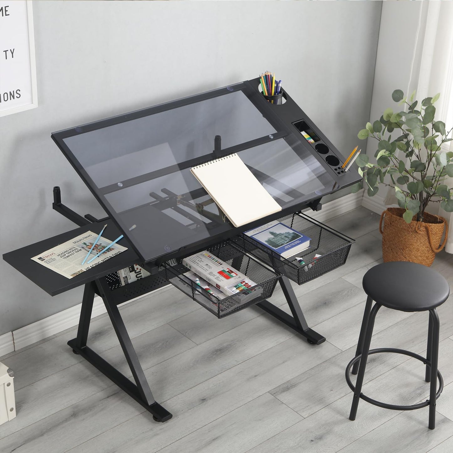 Drafting Table with Storage & Stool, Tempered Glass, 0-75° Lockable Angle, 27.16" to 35.82" Adjustable Height, 40.15" x 23.62'' Tabletop, 2 Drawers and Shelf, Tilted Writing Drawing Table, Black