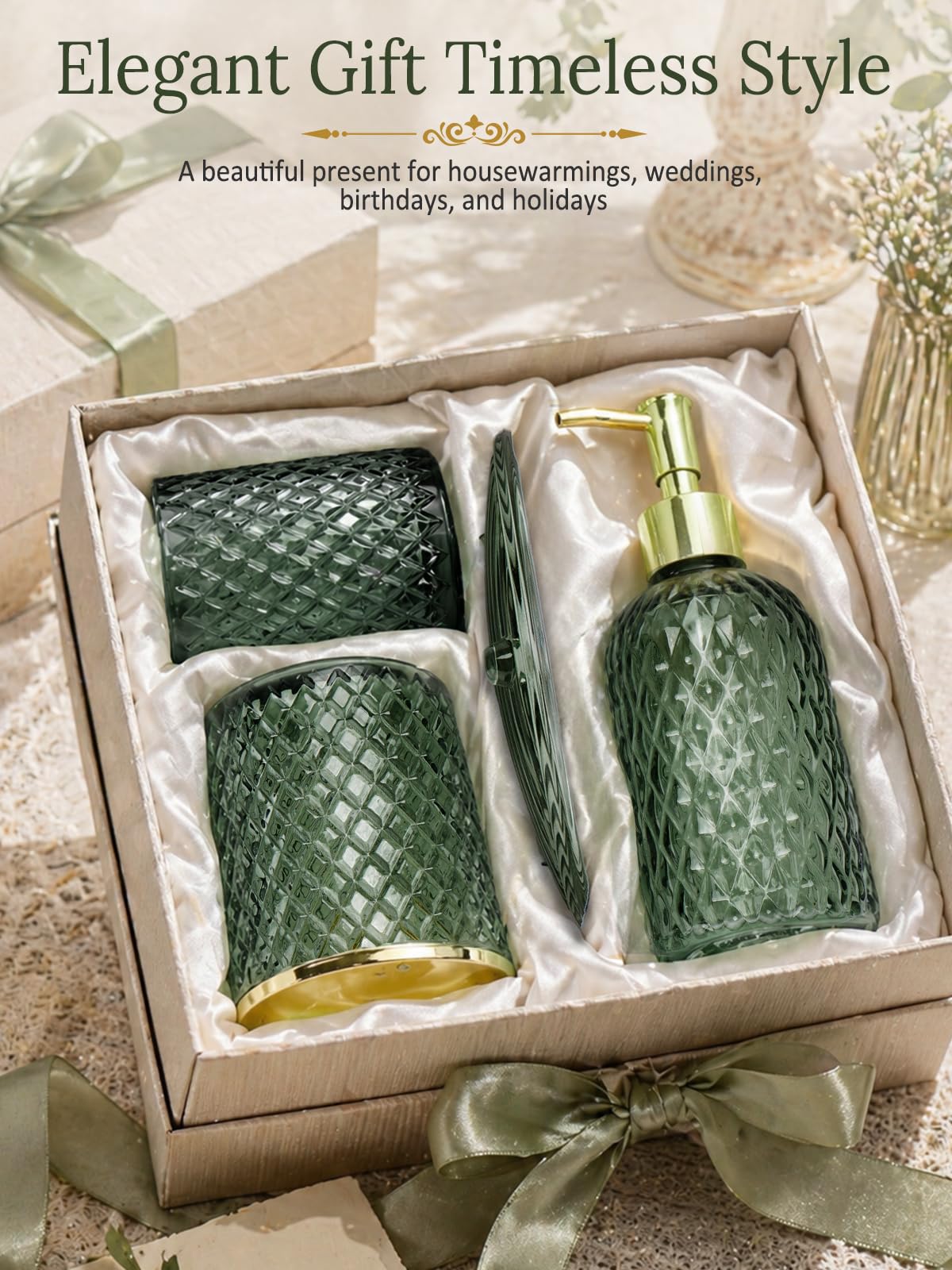 Haturi Glass Bathroom Accessories Set, Sage Green Bathroom Set, 4 Pcs