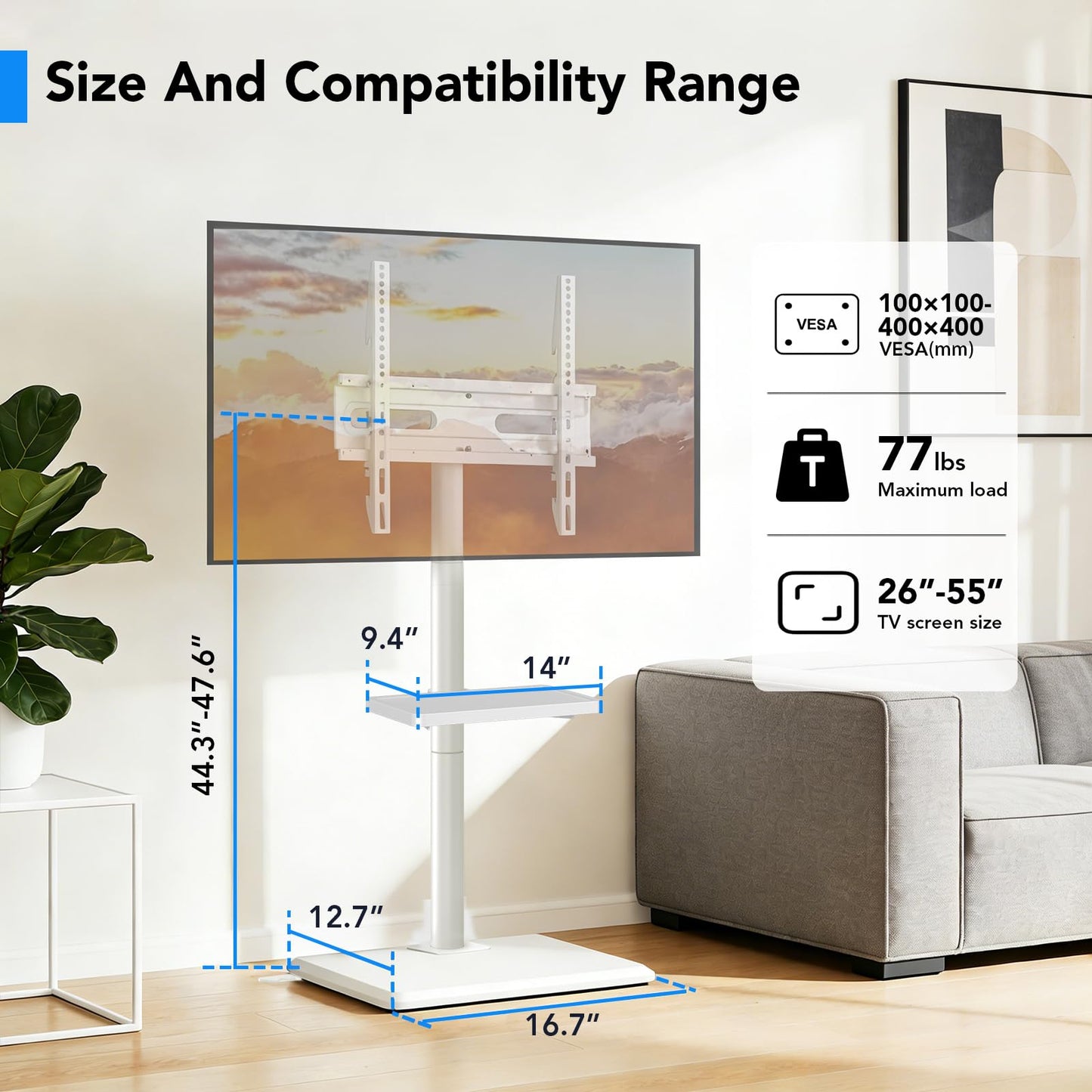 AX WABER Floor TV Stand with Mount for 26-55 inch TVs up to 77 lbs, Height Adjustable Swivel Tilt TV Stand with Wood Base & Shelf, Saving Space Design for Bedroom, Living Room and Corner, White