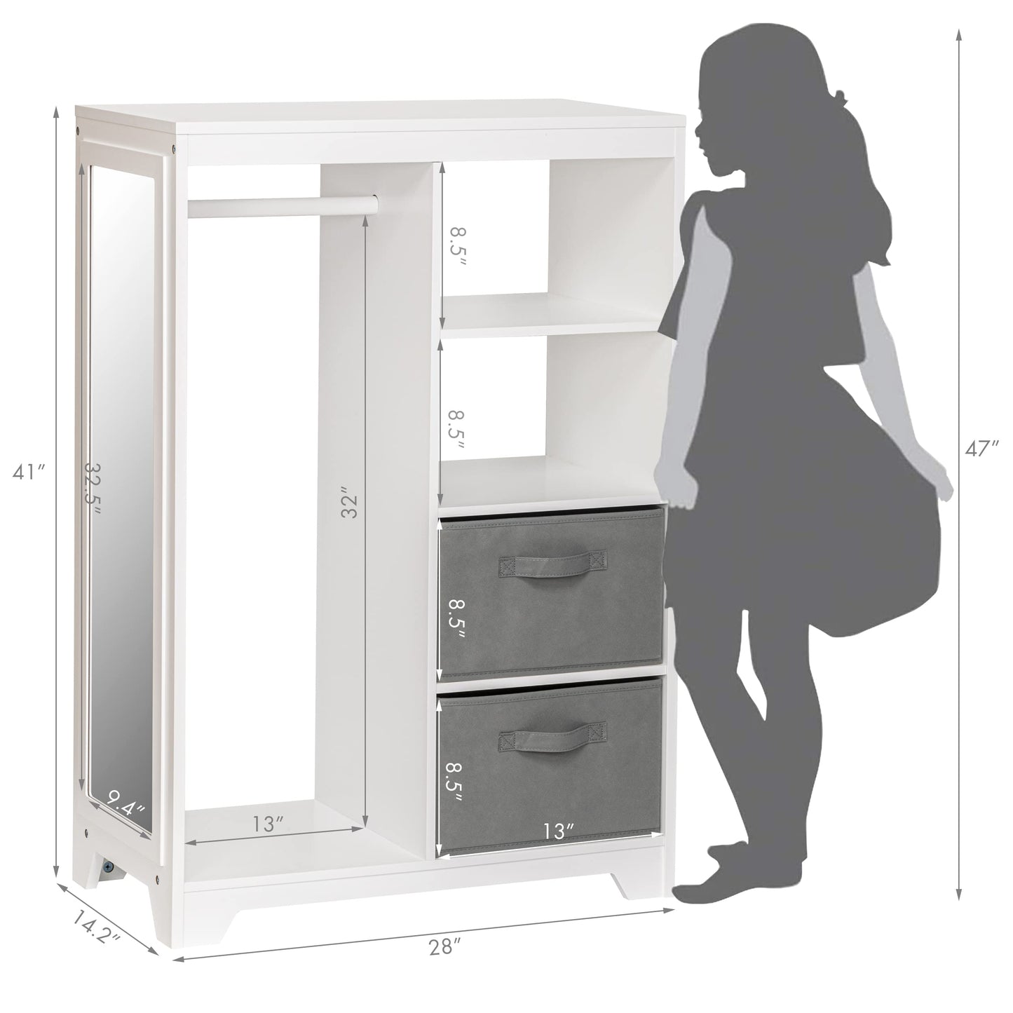 UTEX Kids Dress Up Storage with Full Length Mirror, Kids Armoire with 2 Storage Bins, Opening Hanging Costume Closet Wardrobe, Pretend Storage Closet Armoire Dresser