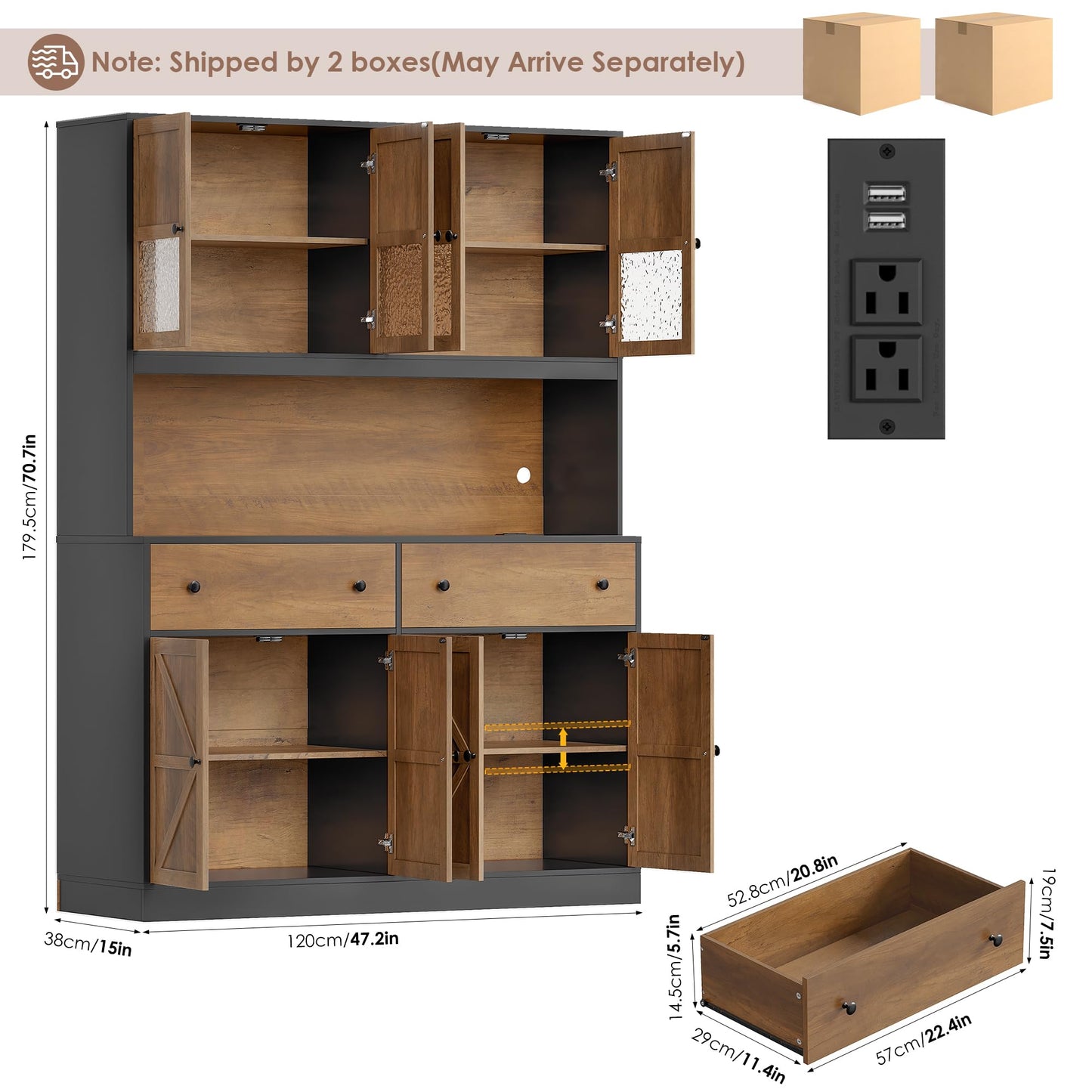 FINETONES 71" Pantry Cabinet with LED Light and Charging Station, Farmhouse Kitchen Pantry Cabinet with Microwave Stand, 47.2" Wide Kitchen Hutch Food Pantry with Open Countertop, Black/Brown