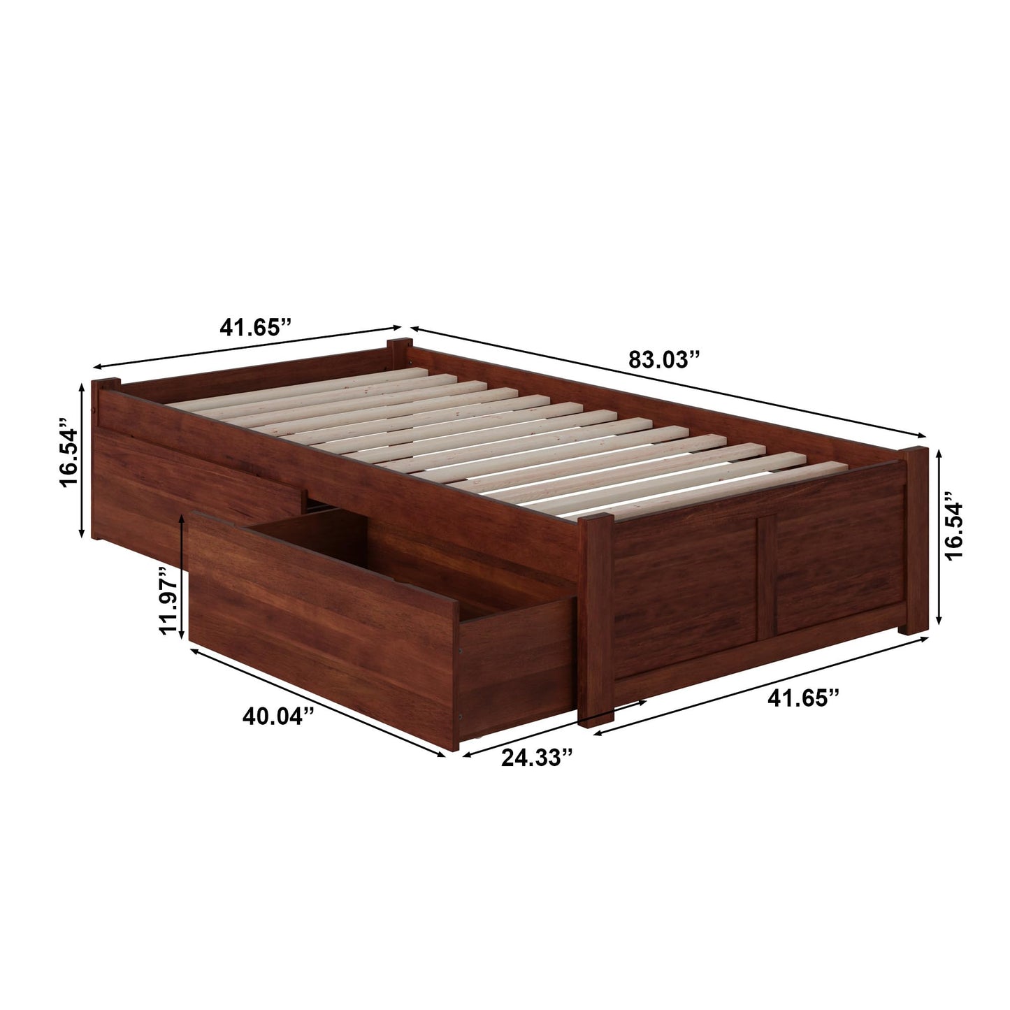 AFI Concord Twin XL Size Platform Bed with Footboard & Storage Drawers in Walnut