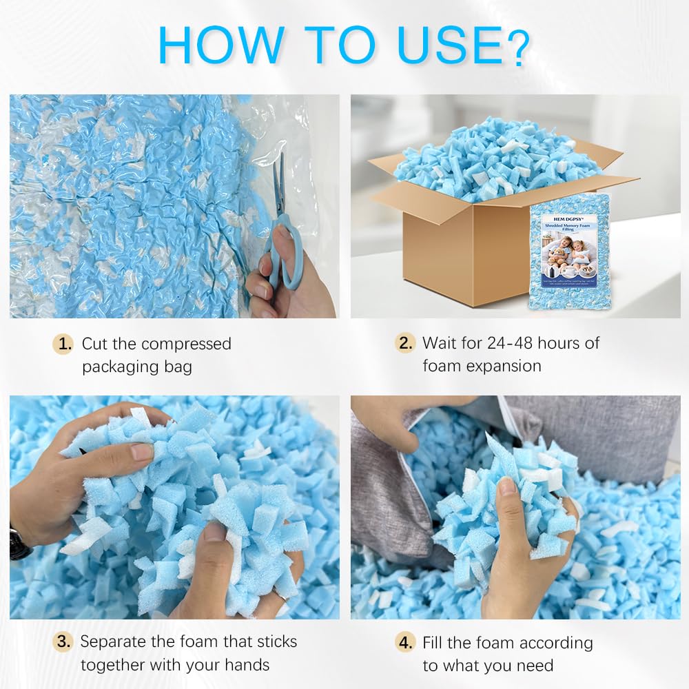 Hem Dgpy Bean Bag Filler 10lbs, Shredded Memory Foam Filling for Bean Bag Chair Refill, Stuffing for Pillow, Punching Bag, Dog Bed, Cushions, Couch (Blue & White)