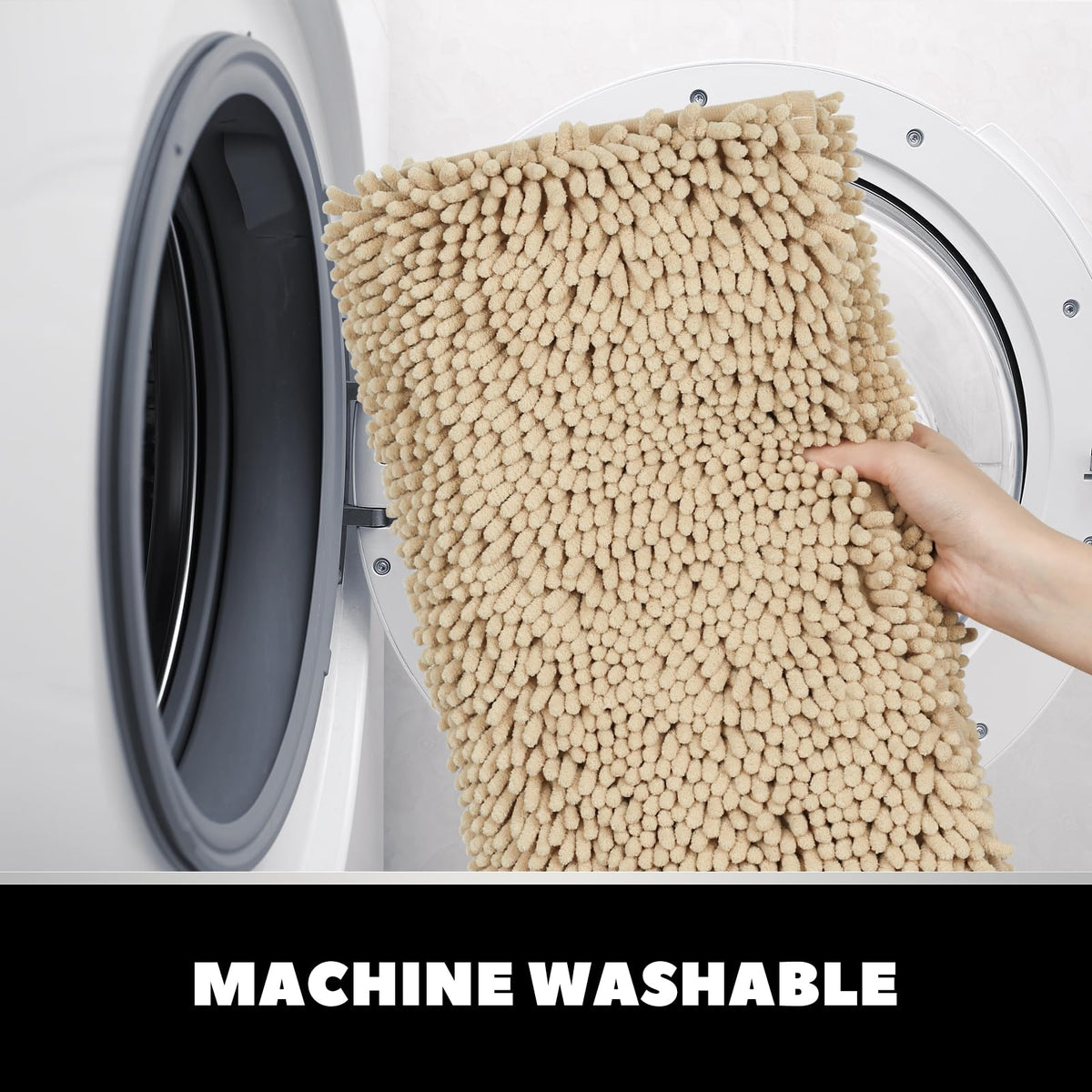 Hbsmat Bathroom Rug Set 3 Pieces Luxuriously Soft, Highly Absorbent Chenille Bath Rugs with Non-Slip PVC Backing and Machine Washable Toilet Rug for Bathroom, Bedroom, Kitchen, Hallway, Beige