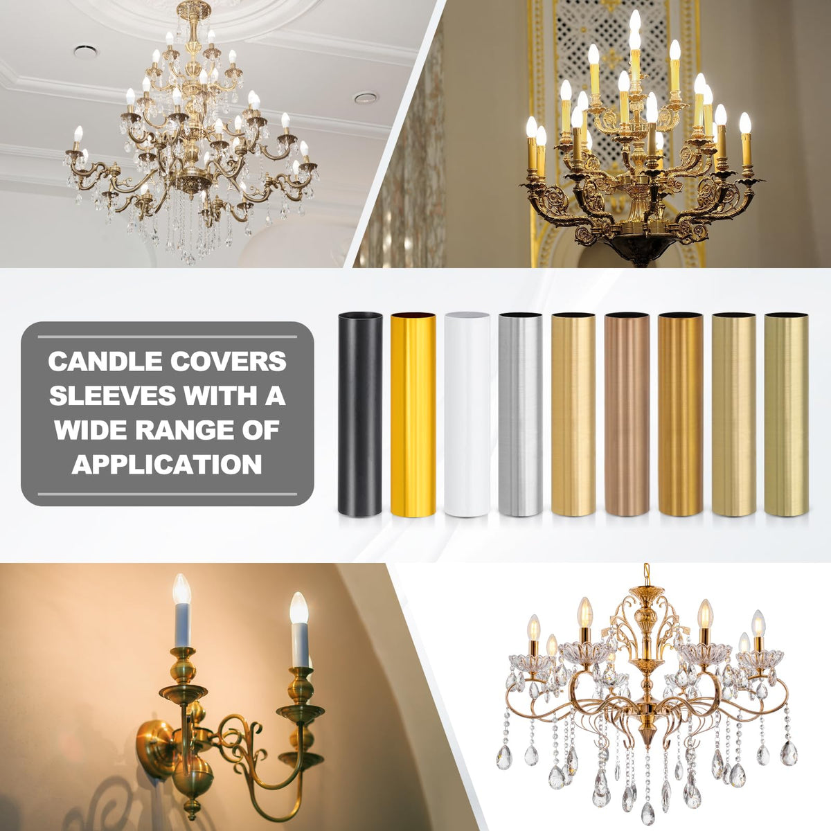 PATIKIL 3.5" Tall Candle Covers Sleeves, 6Pcs Metal E12 Chandelier Socket Sleeves with Insulation Heat Shrinkable Flame Retardant Tube Bulb Light Base Holder for Lamps, Golden