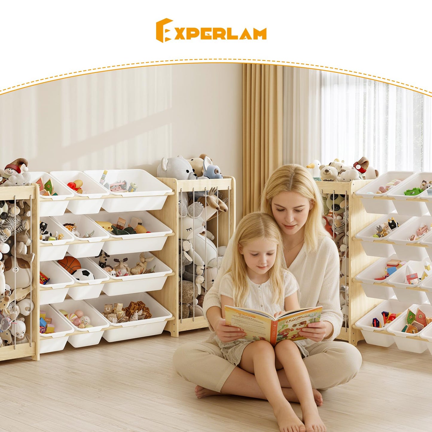 EXPERLAM Large Toy Storage Organizer, Wooden Stuffed Animal Storage & 12-Bins Toy Organizer, Double-Sided Plush Toy Holder Featuring Thicker Ropes, Space Save Playroom Nursery Bedroom Storage, White