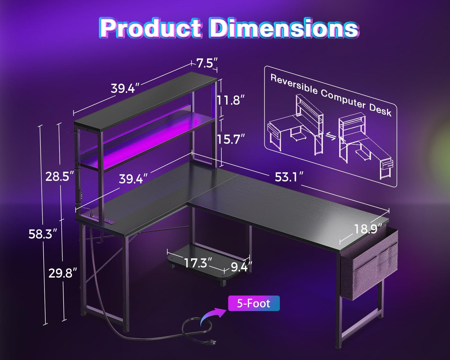 AODK L Shaped Desk Gaming Desk with LED Light & Power Outlet