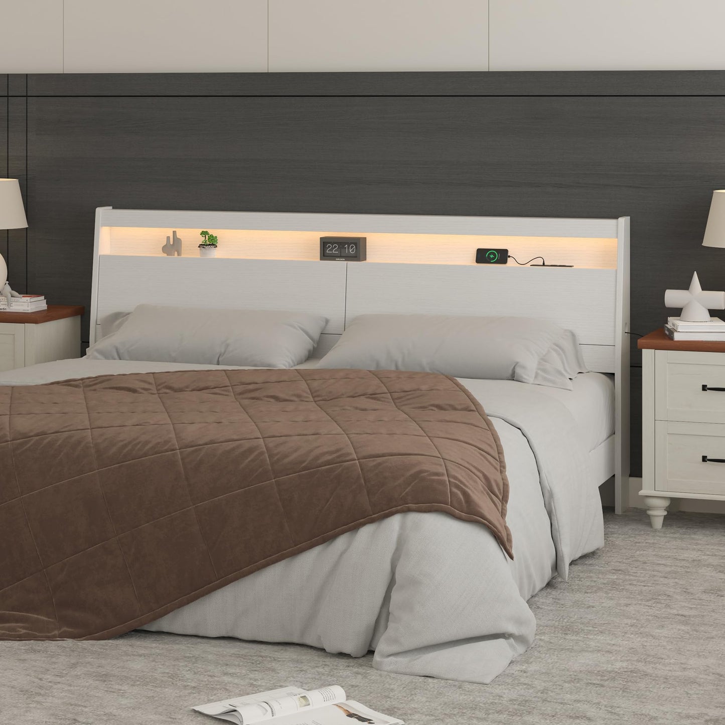 KATYGLORY Headboard Only with St,Modern Headboard with Storage Built-in Power Outlets 2 USB Ports LED Lighting, Gap-Free Wall Design Easy Assembly (White, Queen (U.S. Standard))