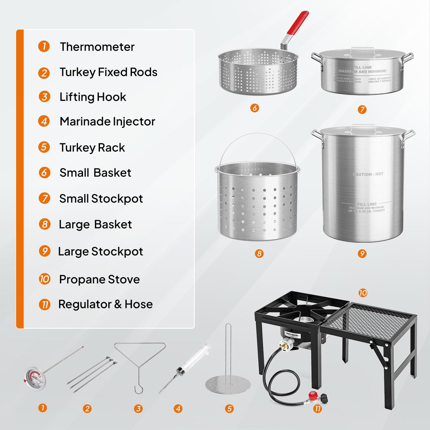 ROVSUN 30QT Turkey Fryer & 10QT Fish Fryer Kit w/ 55,000BTU Propane Stove, Aluminum Outdoor Deep Fryer & Seafood Boiler Steamer w/Baskets, Thermometer, Marinade Injector, Turkey Rack & Rack Lifter