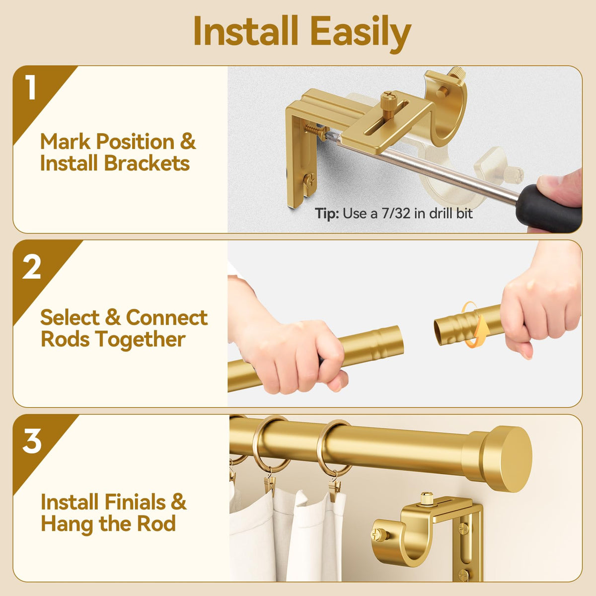 YaFex Curtain Rods 32-114 Inch, Heavy Duty 1 Inch Diameter Gold