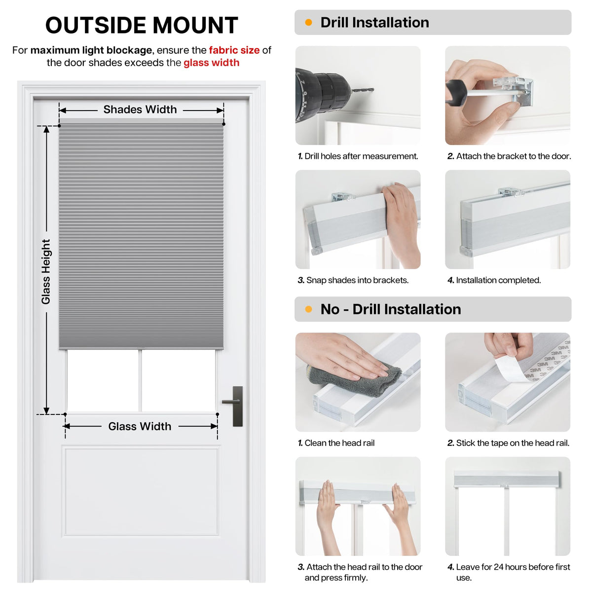 LazBlinds No Drill Cordless Cellular Shades for Doors, 22" W x 78" H, White