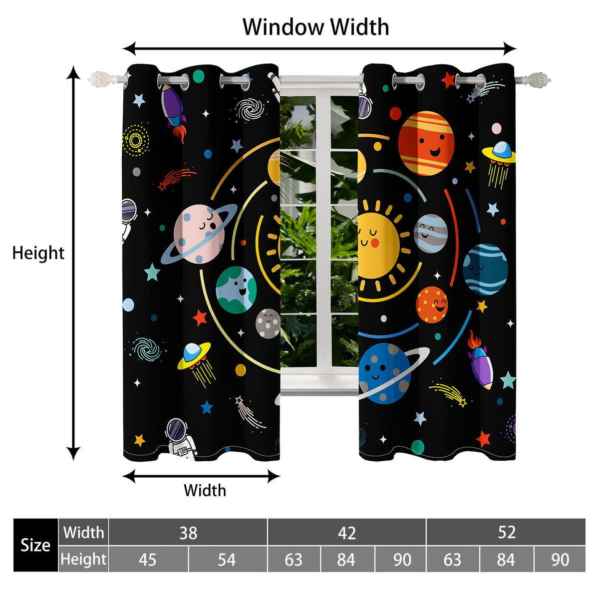 ANGELWARDROBE Space Curtains, 90% Solar System Orbit Space Blackout Curtain Astronaut Rocket Planet Window Drapes Universe Orbit for Boys Teens Bedroom Playroom, 2 Panels Set, 42" W x 63" L