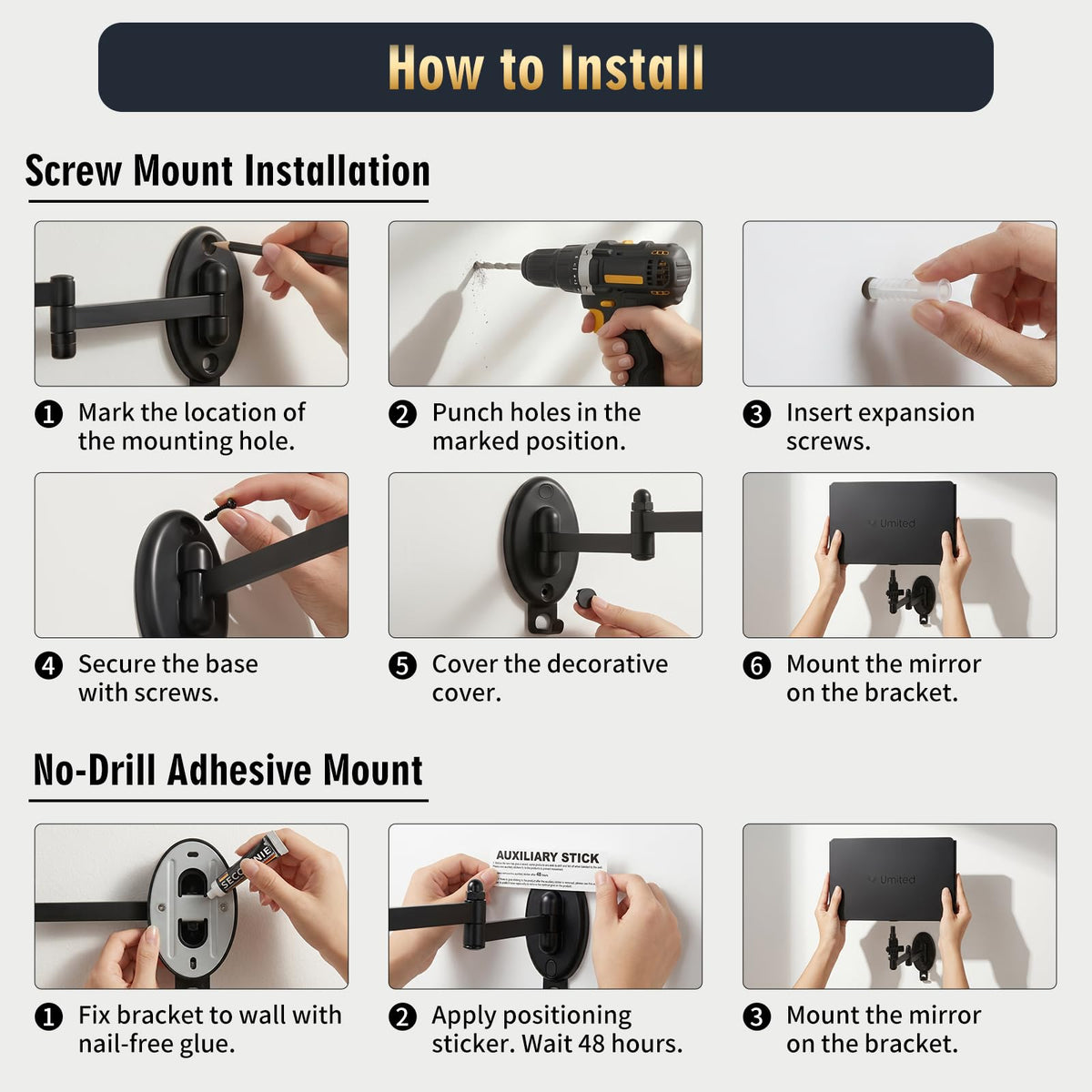 Wall Mounted LED 3 Way Haircut Mirror with Swing Arm, 360° Self Cut View