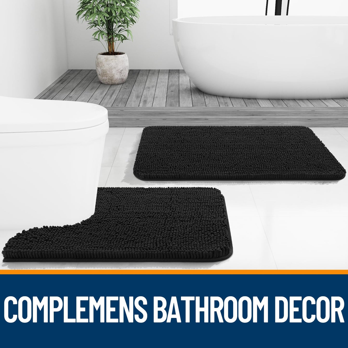 OLANLY Black Bathroom Rug 30x20, Extra Soft Absorbent Chenille Bath Rugs, Rubber Backing Quick Dry, Machine Washable Bath Mats for Bathroom Floor, Tub and Shower, Home Decor Accessories