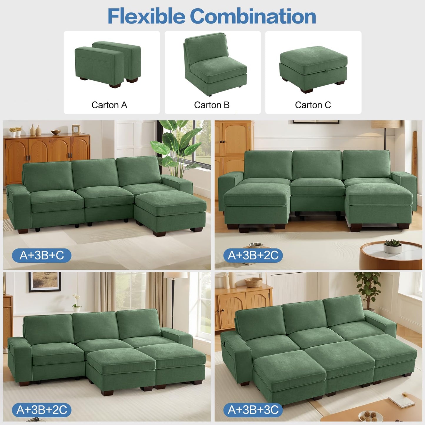 TEKAMON 27.5" Storage Ottoman, Square Footrest with Sponge Padded Seat, Chenille Fabric Step Stool for Sofa, Bedroom, Living Room, Entryway, Modern Change Shoes Stool, Wood Legs, (Green)