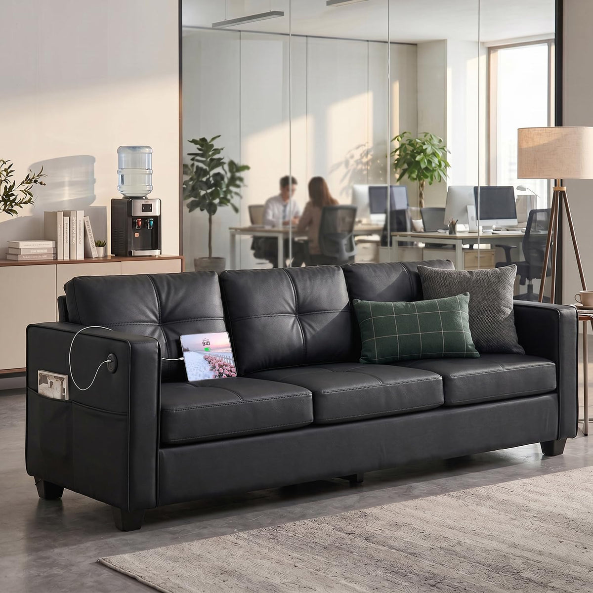 88'' Black Faux Leather Couch w/ Charging, 3 Seater Living Room Office Sofa