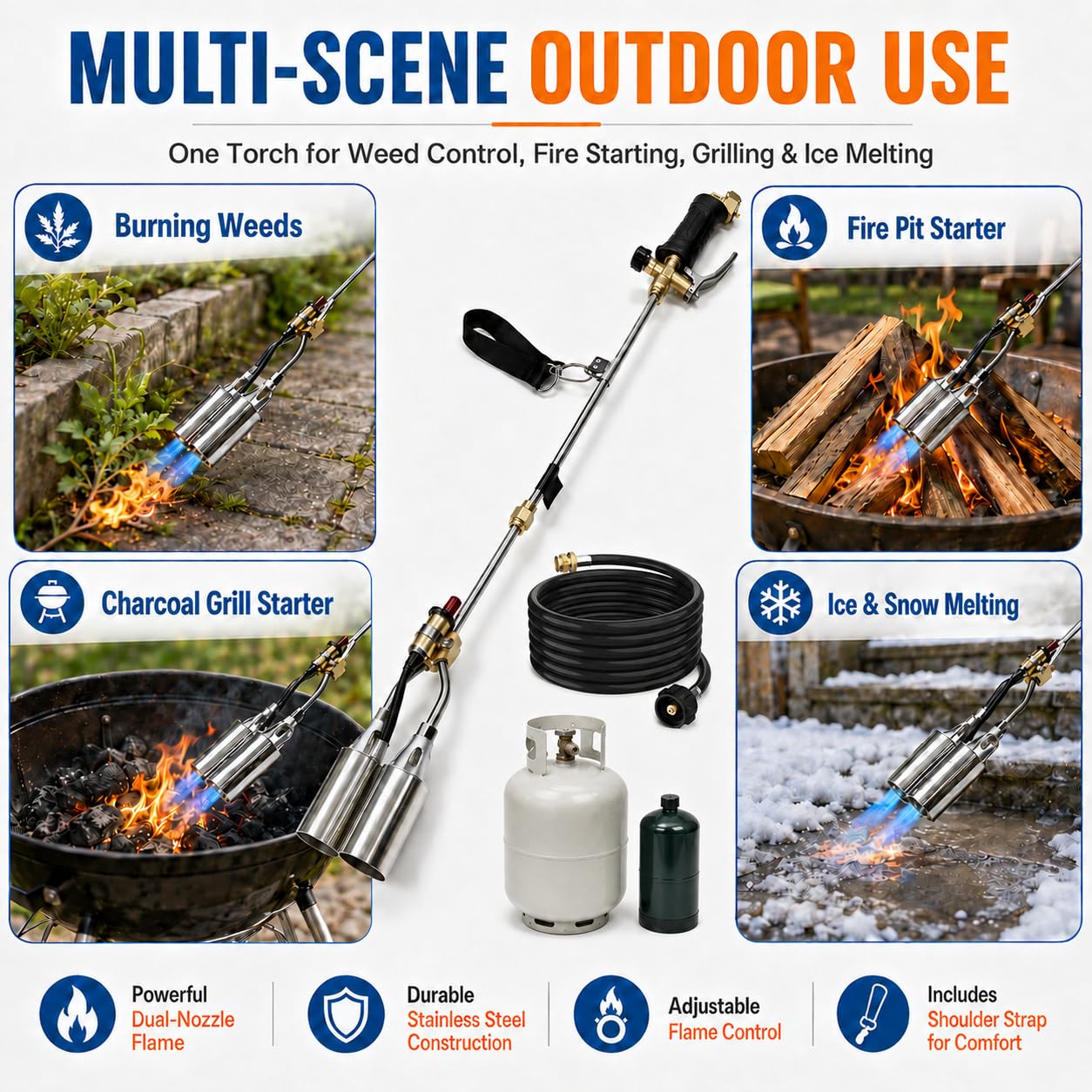 Dual-Nozzle Propane Weed Torch, Heavy Duty Weed Burner Torch with 11.5 FT Hose, Trigger Ignition & Adjustable Flame, Outdoor Propane Torch for Garden, Driveway, Patio, Wood, Ice and Snow, Black