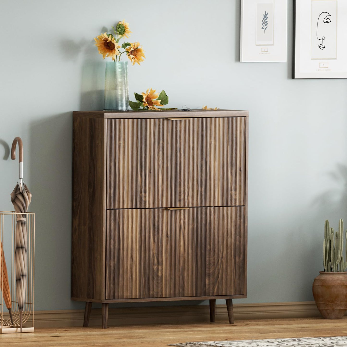 QIVOMIX Shoe Cabinet Storage, Modern Freestanding Organizer with 2 Flip Drawers, Narrow Shoe Rack for Entryway, Walnut