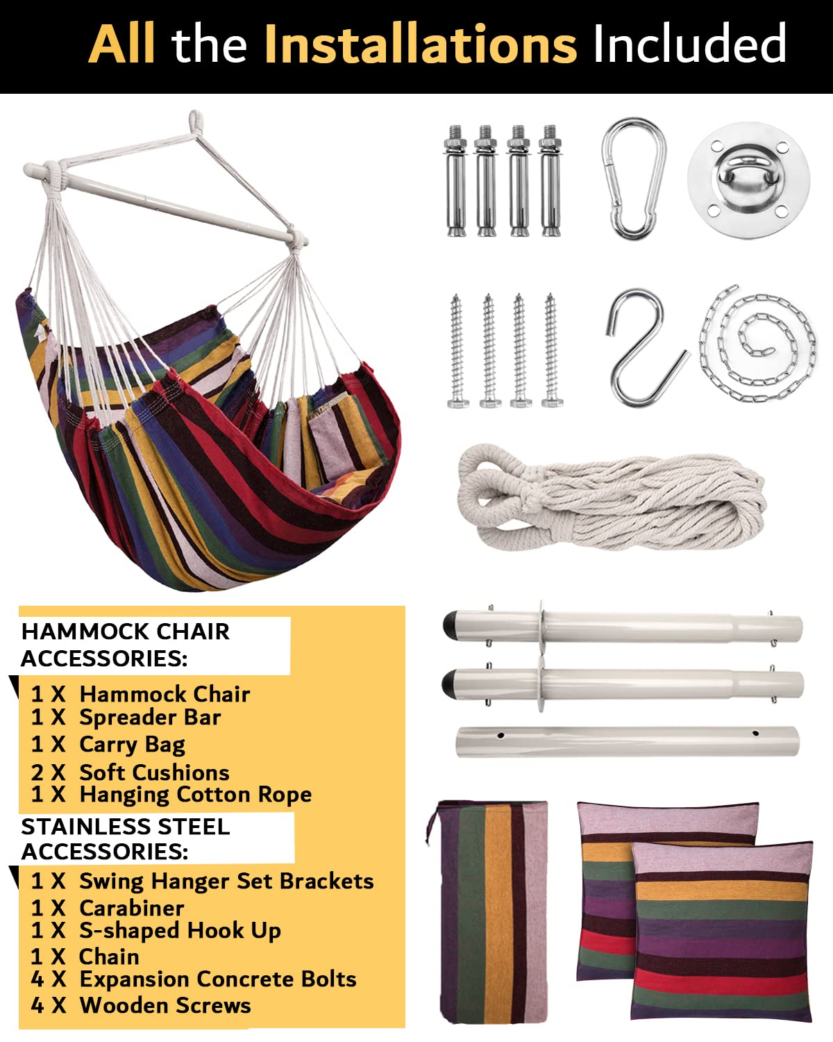 XXL Hammock Chair Hanging Rope Swing with 2 Cushions - Max 500lbs-Perfect for Patio, Porch, Bedroom, Backyard, Indoor or Outdoor - Includes Hanging Hardware Kits Rainbow