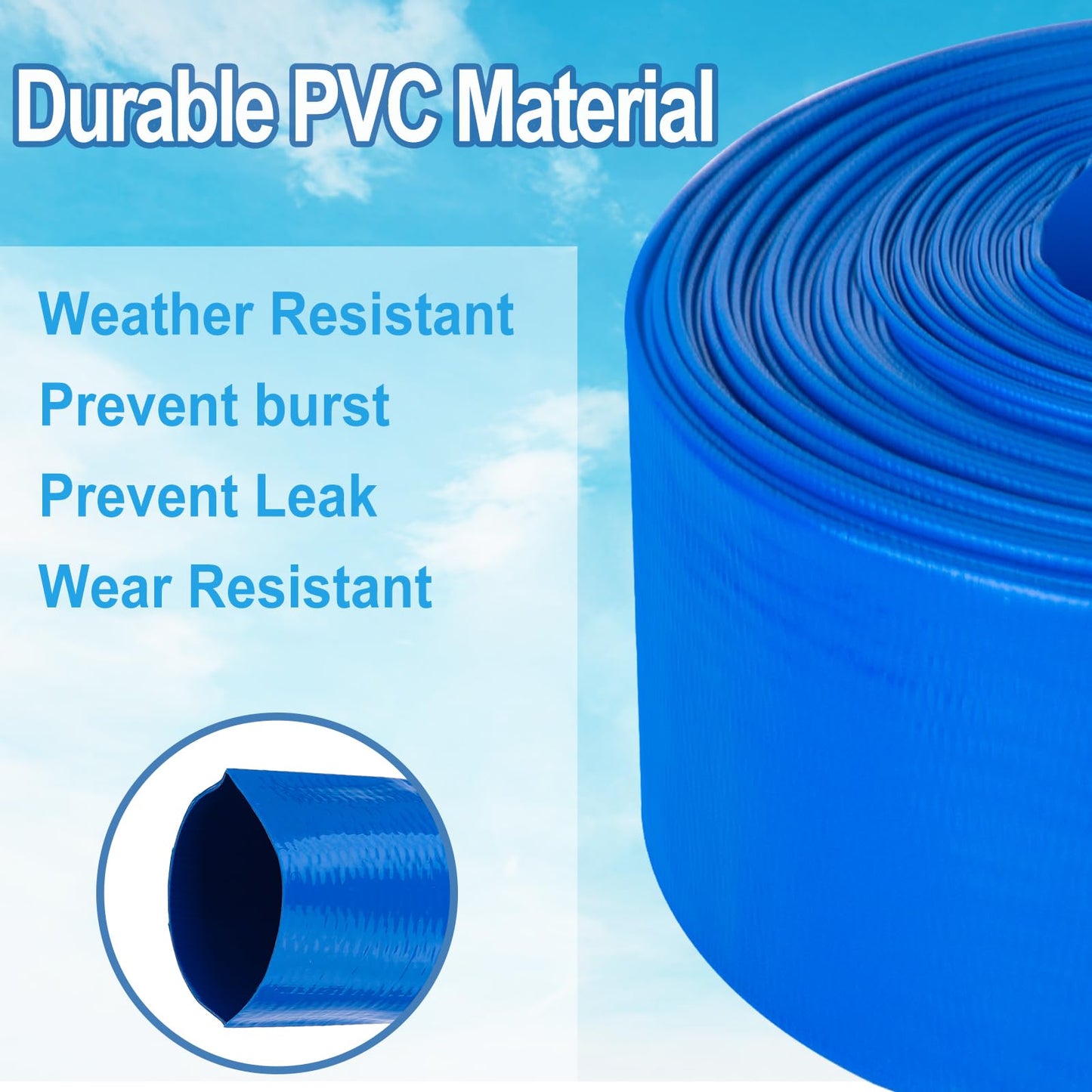 OCGIG 2" x 100 FT Pool Backwash Hose, Heavy-Duty Lay Flat Discharge PVC Hose, Weatherproof Burst Resistant for Water Pool Drain, Swimming Pool Filter Pump, Water Transfer, with 2 Clamps