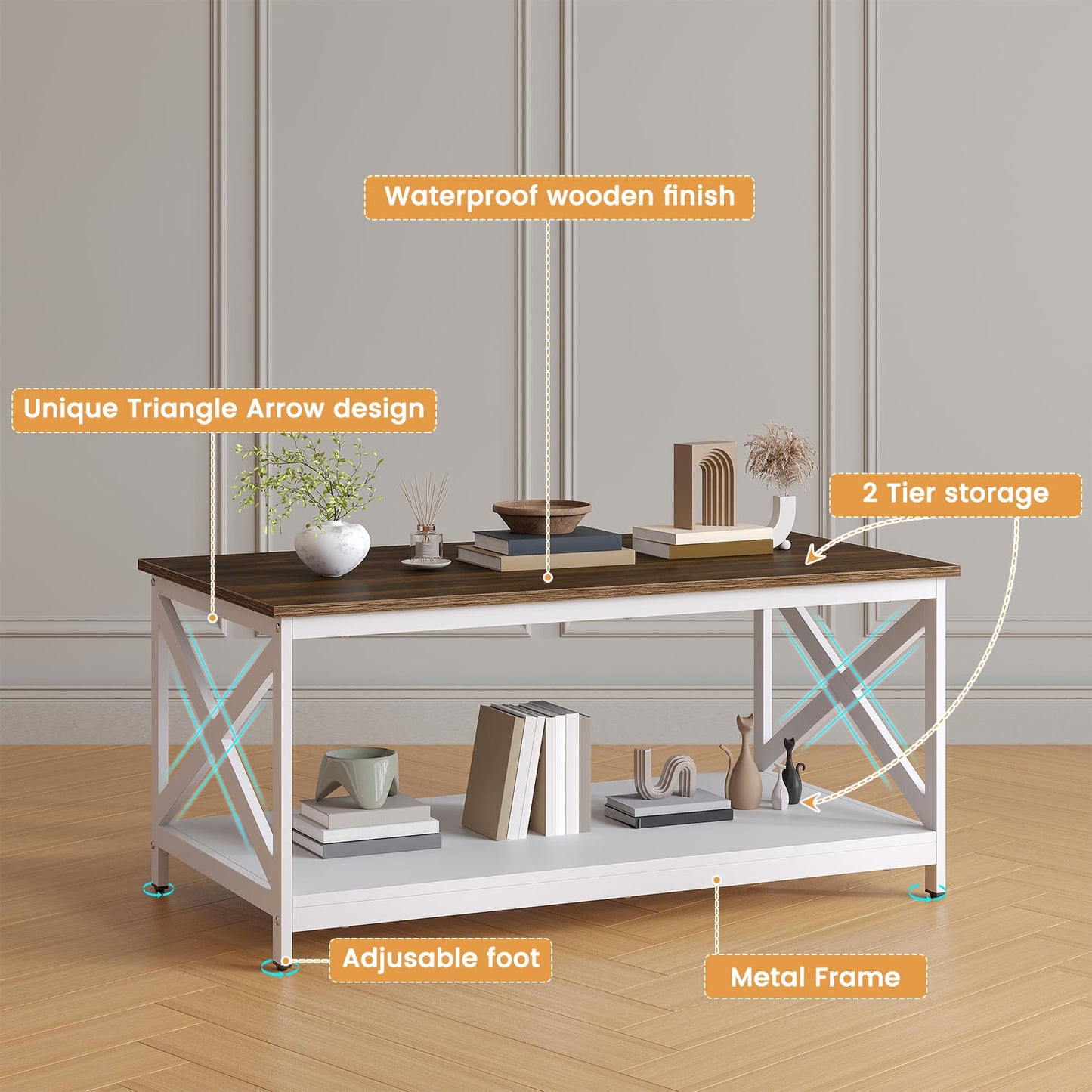 Bigbiglife Living Room Coffee Table Set of 3, Industrial X-Design Coffee Table and 2 End Side Tables, 3 Piece Living Room Table Set with Large Storage for Apartment Home (White+Walnut Brown)