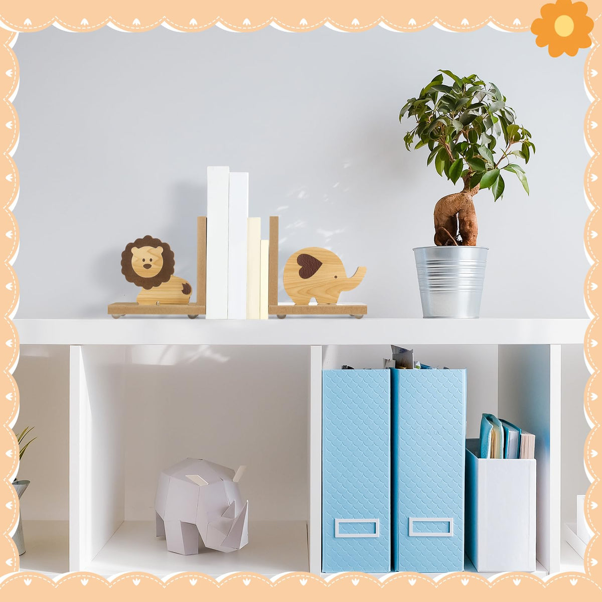 Harloon 2 Pcs Animal Bookends Wooden Cute Safari Decor, Lion Elephant