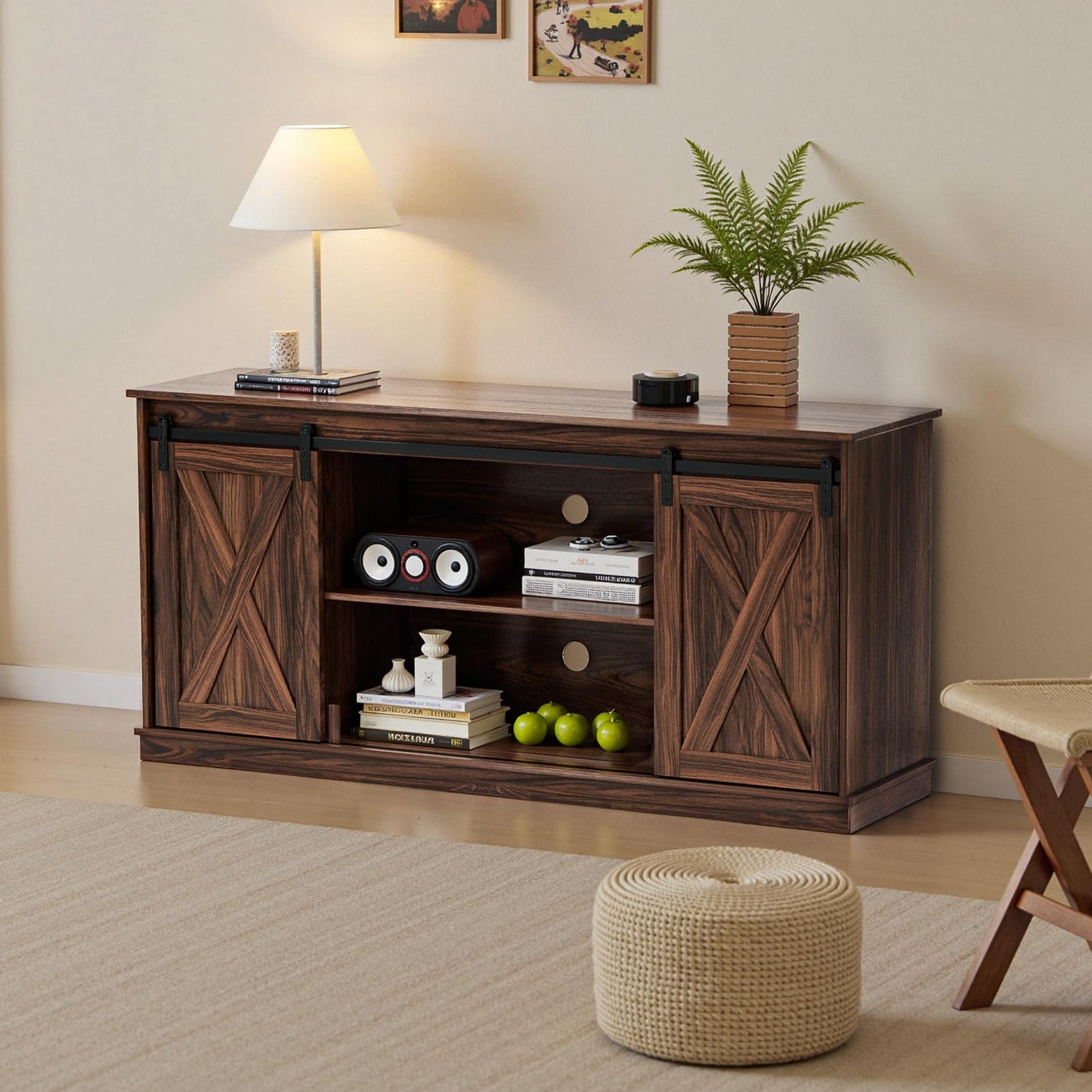 Sweetcrispy Farmhouse TV Stand 65 Inch for Living Room Bedroom Brown, Tall Entertainment Center with Storage Shelves, Media Console Cabinet with Wood Board, 300 LBS Capacity and Sliding Barn Door