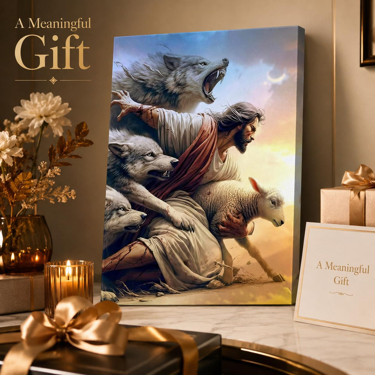 Jesus And Lamb Wall Art Jesus Saves The Lost Lamb Wolf Painting Picture Wall Decor The Shepherd'S Protection Poster Print Artwork t for Living Room Bedroom Church Home Decortion