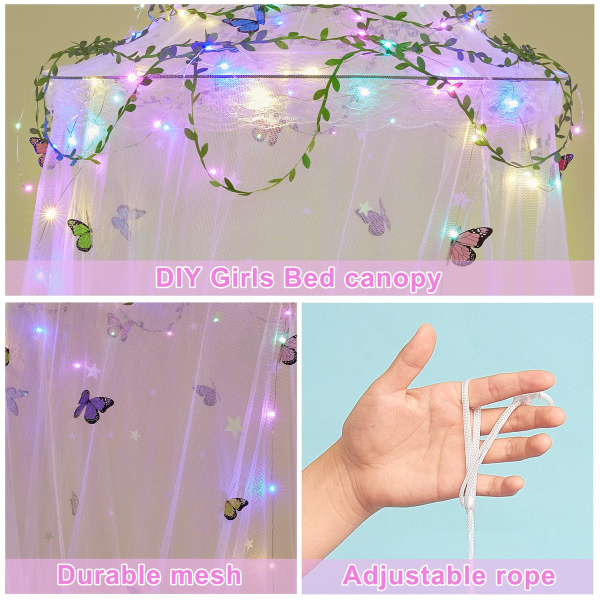 FIOBEE Bed Canopy for Girls Room with LED Light Kids Toddler Bedroom Decor