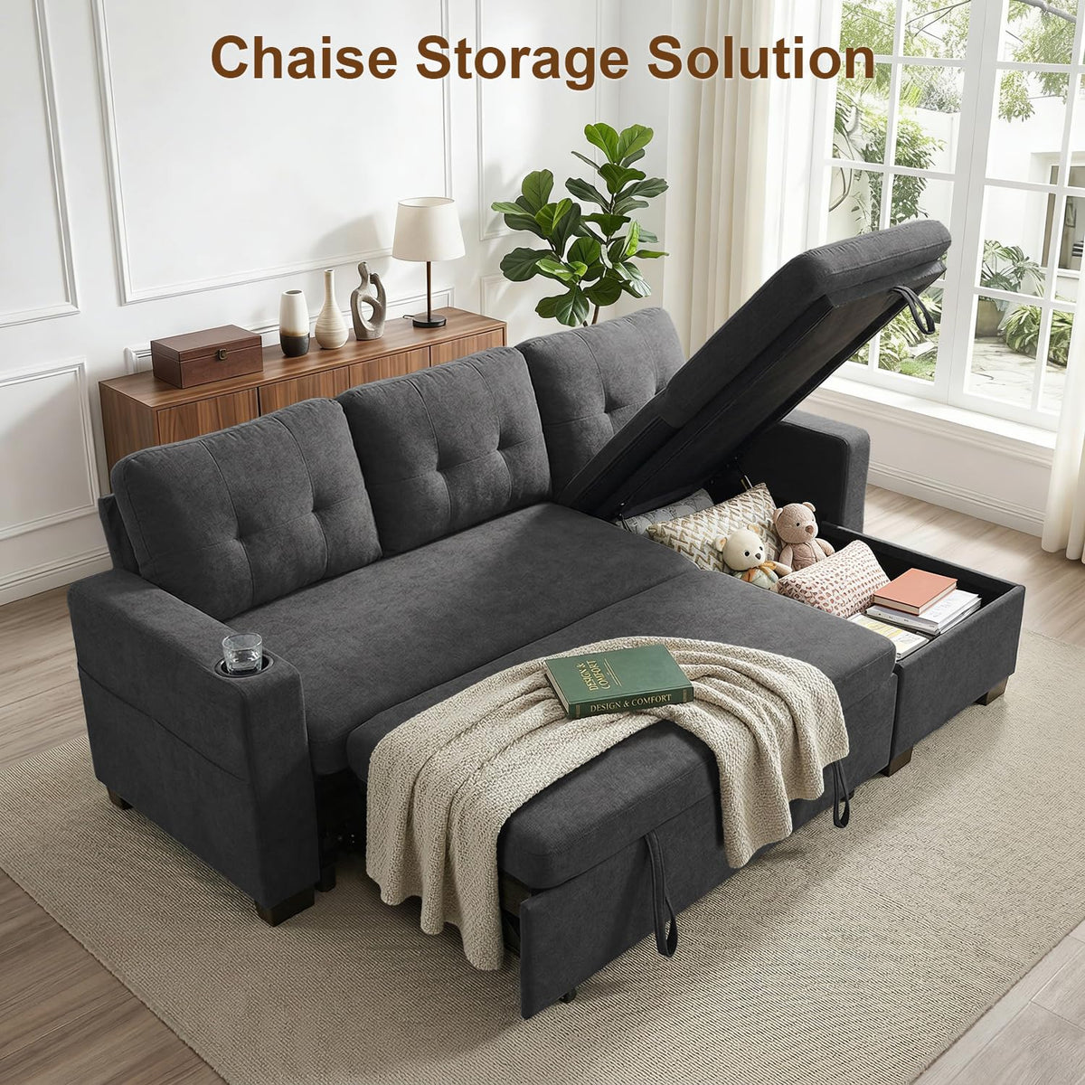 82" L Shaped Sleeper Sofa Bed, Pull Out Sectional Couch with Storage Chaise/Reclining Backrest, Sectional Couches for Living Room with USB Port, Foldable Table, Cup Holder, Side Pocket, Deep Grey